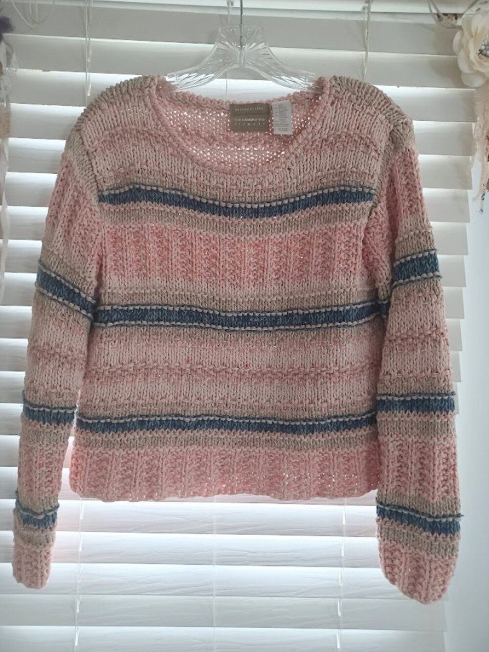 Vintage Liz Claiborne LizWear S Silk Blend Chunky Knit Sweater Pink Stripe Y2K